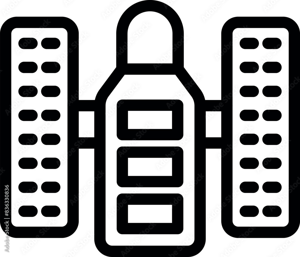 Poster simplistic line art of a satellite icon in black and white, suitable for web and print