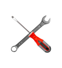 Car repair service tools. Mechanic spanner, wrench, screwdriver for vehicle maintenance. Technical support key kit. Isolated technology background. Garage business, automotive