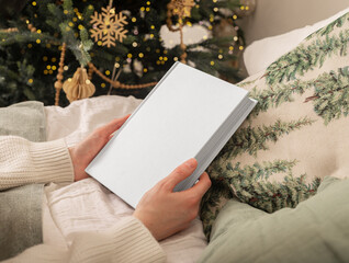 Christmas book with tree. Xmas new year university mock up design. Template empty blank, clear...