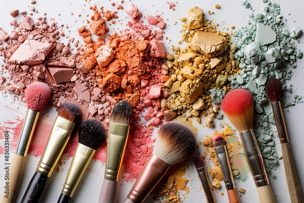 Poster close-up of assorted makeup brushes covered with vibrant eyeshadow and blush on a white surface. gen