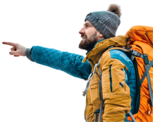 Hiker pointing at distant peak on transparent background