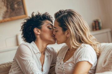 Romantic scene of lesbian couple kissing relaxation on sofa in living room. Same sex marriage concept
