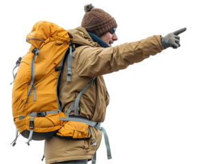Hiker with backpack pointing on transparent background