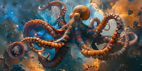 Obraz premium Fantasy octopus galaxy with humanoid animals in deep space star field. Concept Fantasy, Octopus, Galaxy, Humanoid Animals, Deep Space Star Field