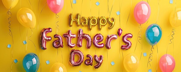 "Happy Father's Day" spelled out in colorful, balloon-like letters on a bright yellow background, giving a cheerful and festive vibe.