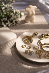 Elegant Fantasy Golden Jewelry on Display. Retail store.