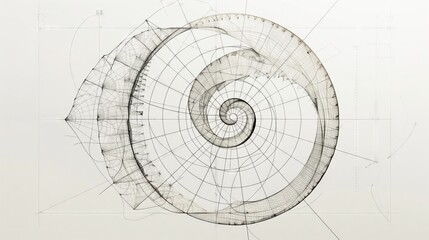 The golden ratio, shown through the Fibonacci spiral, is key in design and art, often sketched on white.