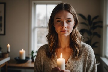 Young caucasian woman standing with lit candle at home