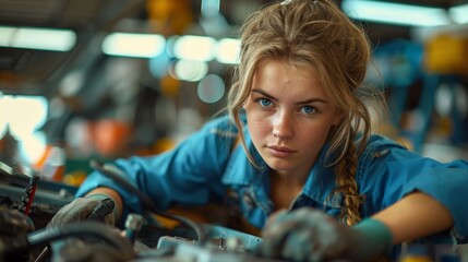 Young woman with intense focus, working on mechanical parts in an industrial setting, mechanic context