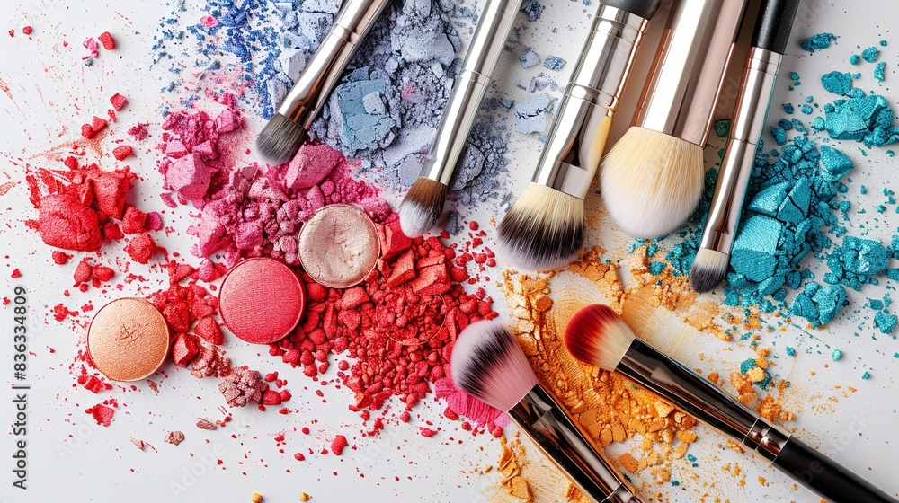 Aufkleber makeup brushes covered in colorful eyeshadow and blush on a white background. generative ai