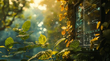 Fototapeta premium Futuristic Green Technology Concept with Innovative Interfaces Amidst Verdant Foliage. Generative ai
