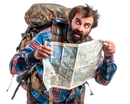 Portrait of a man with a backpack and navigation map on his hand on transparent background - Powered by Adobe
