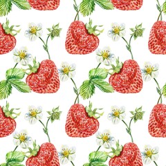 Strawberry seamless pattern. Berries, leaves, flowers. Watercolor illustration isolated on white background. Packaging, textiles, covers, wallpaper.