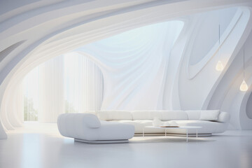 illustration of futuristic living room with white sofa in the middle