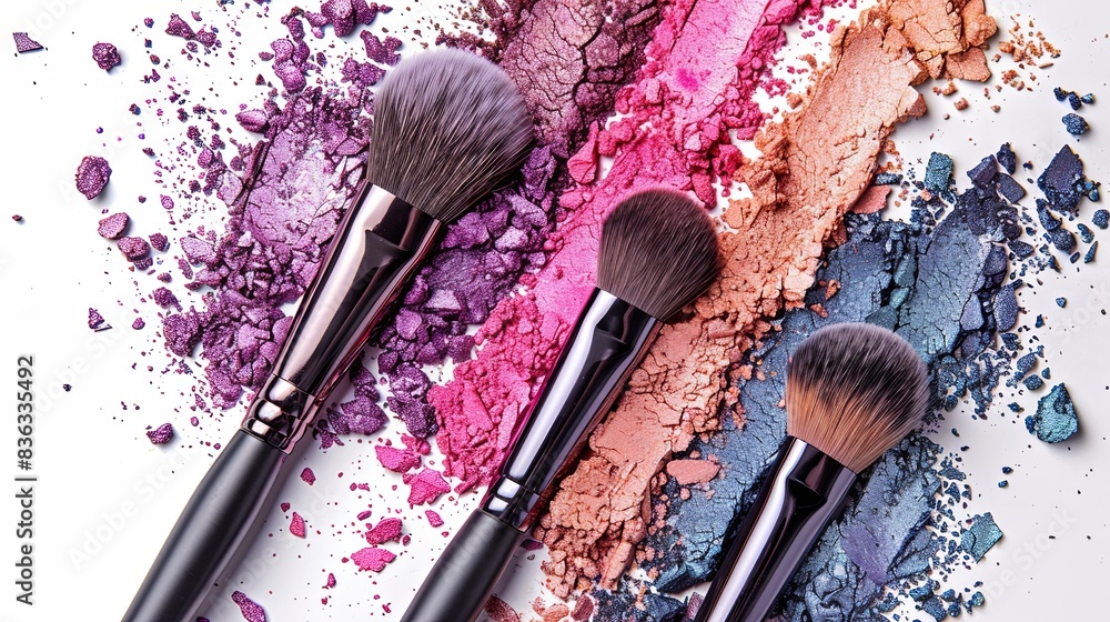 Poster a close-up of makeup brushes with vibrant eyeshadow and blush pigments on a white background. genera