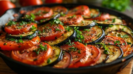 A classic ratatouille dish, with layers of thinly sliced tomatoes, zucchini, and eggplant, topped with fresh herbs and olive oil.