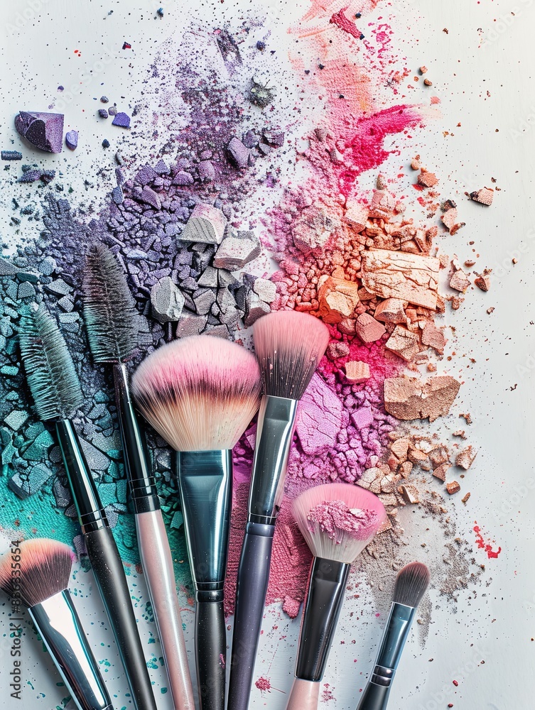 Poster various makeup brushes are arranged on a white background, surrounded by crushed eyeshadow and blush