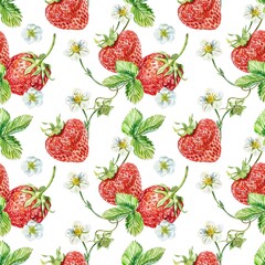 Strawberry seamless pattern. Berries, flowers, leaves. Watercolor illustration isolated on white background. Packaging paper, textiles, covers, fabric