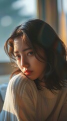 Sad asian girl at home. Depression or anxiety concept