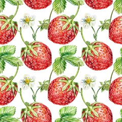 Strawberry seamless pattern. Berries, leaves, flowers. Watercolor illustration isolated on white background. Packaging paper, textiles, covers, fabric