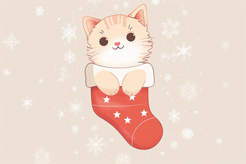 New year pet watercolor of a cat Peeking out from the Top of a Red Christmas Stock in December Christmas day festival