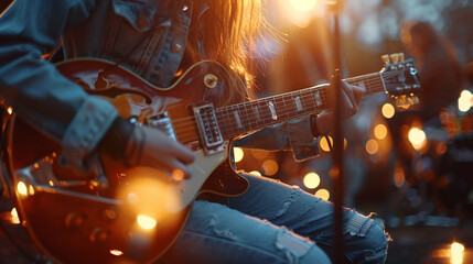 Fototapeta premium Glowing Guitarist, intricate instrument, melodic tunes, performing on a stage at an outdoor music festival, lively atmosphere, Realistic, Spotlight, Chromatic Aberration