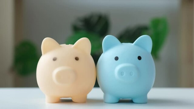 Hand throws coins into two piggy banks in turn. Pension, Savings, finance accounting diversification. Person diversifies portfolio. Saving money, investments diversity concept