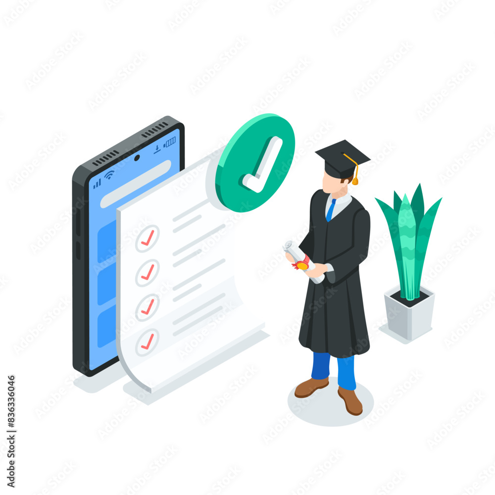 Poster isometric man in bachelor's gown and hat with diploma near document and checkmarks on smartphone scr