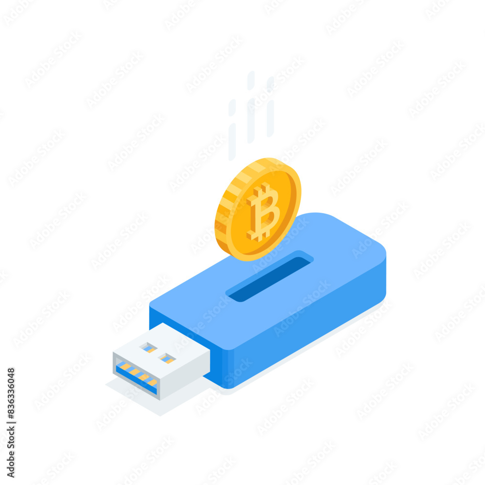 Aufkleber isometric vector bitcoin coin falling into a piggy bank in the form of a flash drive, in color on a 