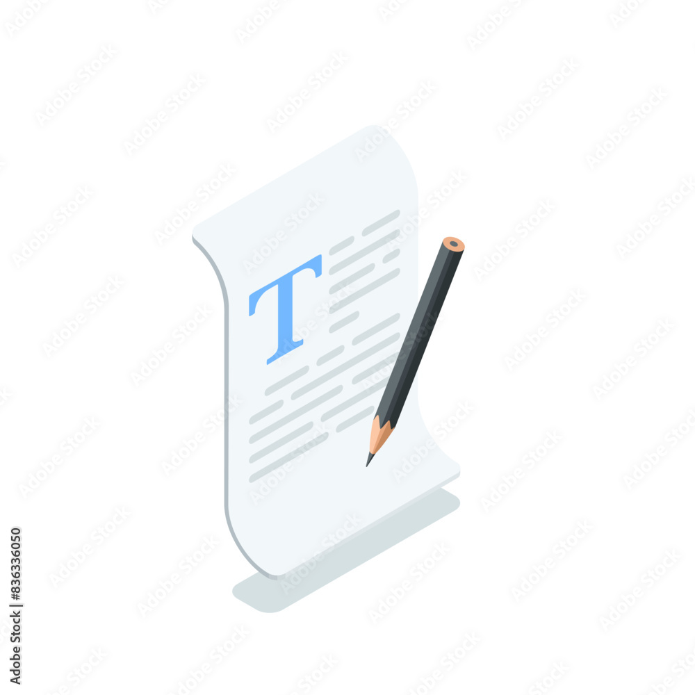 Poster isometric vector pencil near a text document, in color on a white background, working with text or e