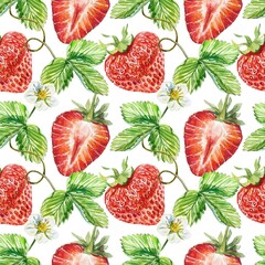 Strawberry seamless pattern. Berries, leaves, flowers, tendrils. Watercolor illustration on white background. Packaging paper, textiles, covers, cards