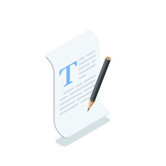 isometric vector pencil near a text document, in color on a white background, working with text or editing