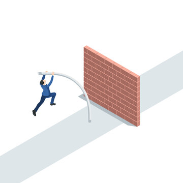isometric vector business man using a pole jumps over a brick barrier blocking the path, in color on a white background, overcome challenges