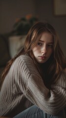 Fototapeta premium Sad caucasian girl at home. Depression or anxiety concept