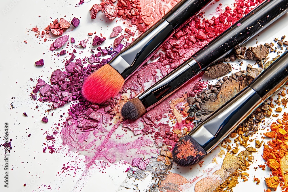 Poster close-up of makeup brushes covered in colorful eyeshadow and blush on a white background. generative