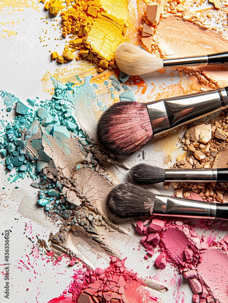 Poster close-up of makeup brushes with vibrant eyeshadow and blush colors on a white background. generative