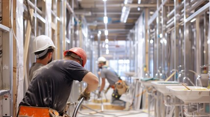 Plumbers expertly install pipes and fixtures in restrooms of a large commercial building under construction.