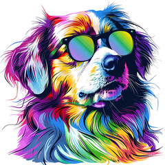Vector a dog with sunglasses and a rainbow colored coat on a white background