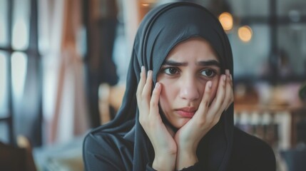 Obraz premium Sad muslim hijab girl at home. Depression or anxiety concept