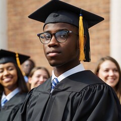 young afro boy, serious, confident and proud at graduation ceremony