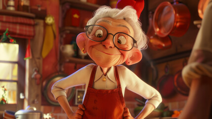 Cartoon old lady in kitchen at home. Granny