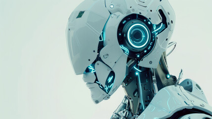 Part of one separated robot head 3D rendering with digital graphic brain engine inside isolated on white background with clipping path