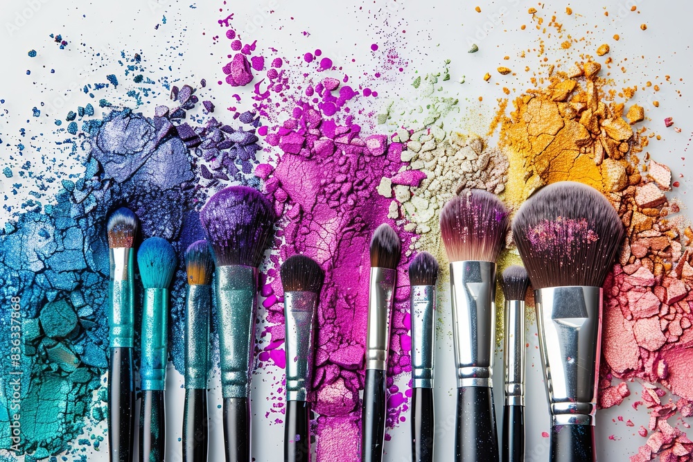 Poster a close-up image of makeup brushes arranged on a white background, covered in vibrant eyeshadow and 