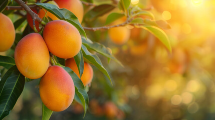 Close-up of ripe mangoes ripening on a tree branch.