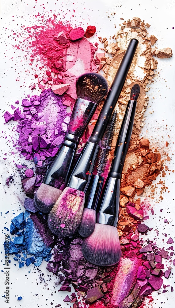 Aufkleber a close-up of makeup brushes covered in various shades of eyeshadow and blush, arranged on a white b