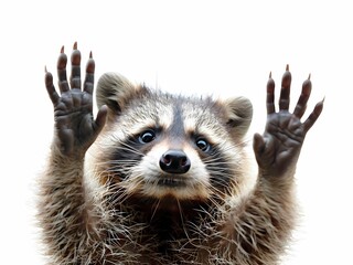 Fototapeta premium AI-Generated image of A happy raccoon is holding its paws up in the air, looking at the camera with a smile