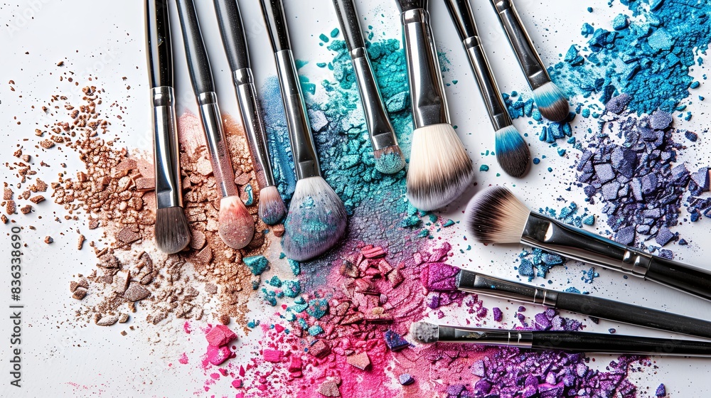 Poster makeup brushes covered with various eyeshadows and blush on a white surface. generative ai