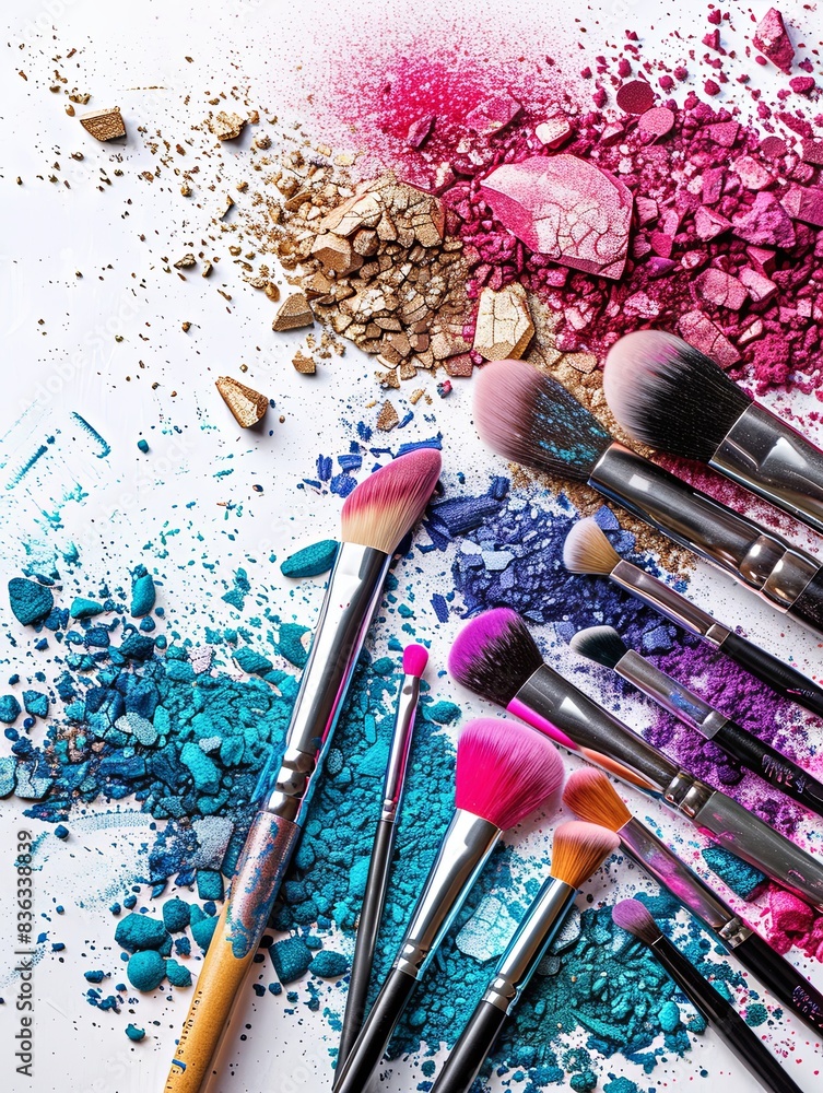 Aufkleber a close-up image of various makeup brushes covered in vibrant eyeshadow and blush on a white backgro