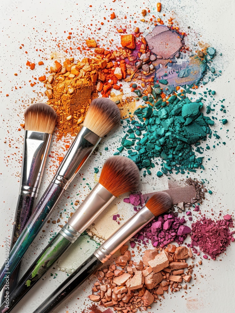 Poster a close-up shot of colorful makeup brushes with eyeshadow and blush scattered around them. generativ