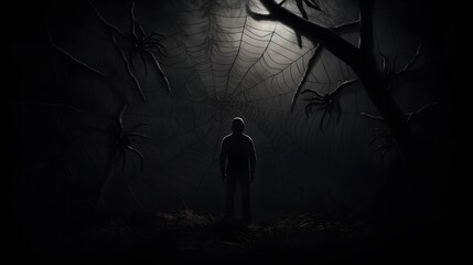 Spider web silhouette against black wall - halloween theme dark background. 
